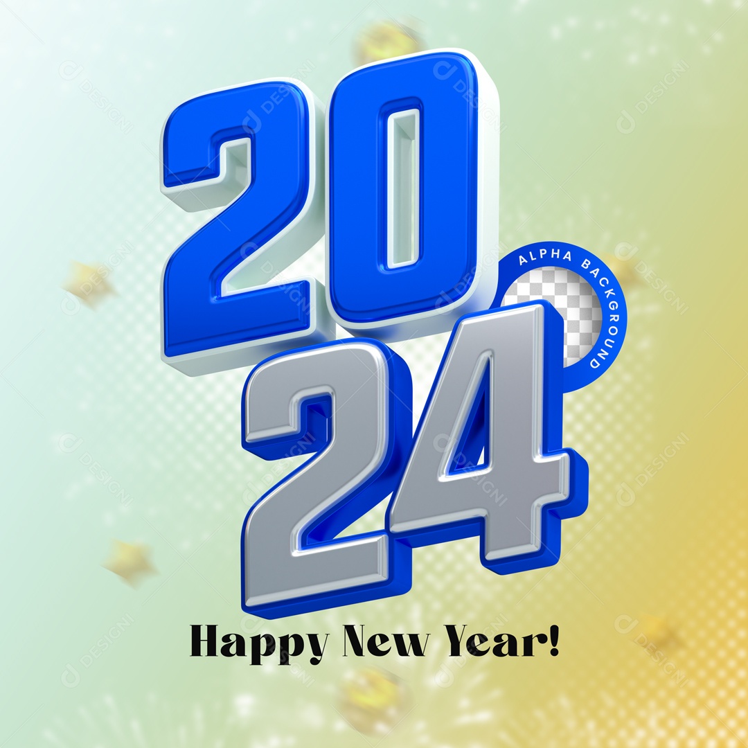 Número 3D Feliz Ano Novo 2024 Branco e Azul Para Composição PSD
