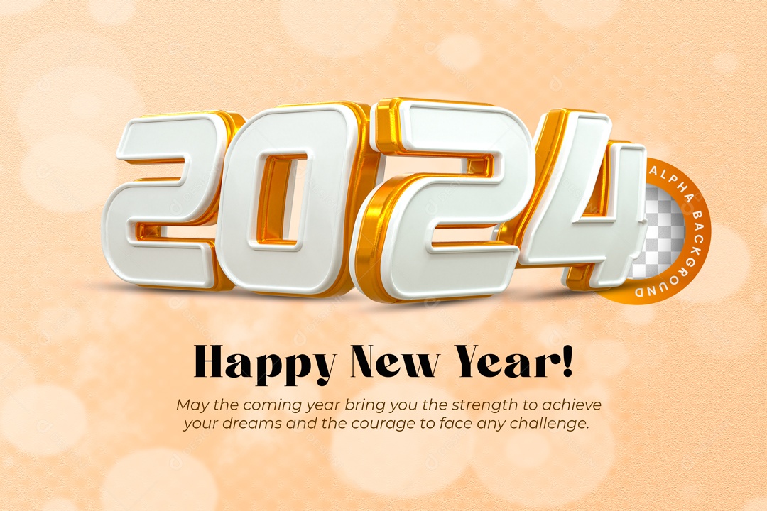 Número 3D Feliz Ano Novo 2024 Dourado e Branco  Para Composição PSD