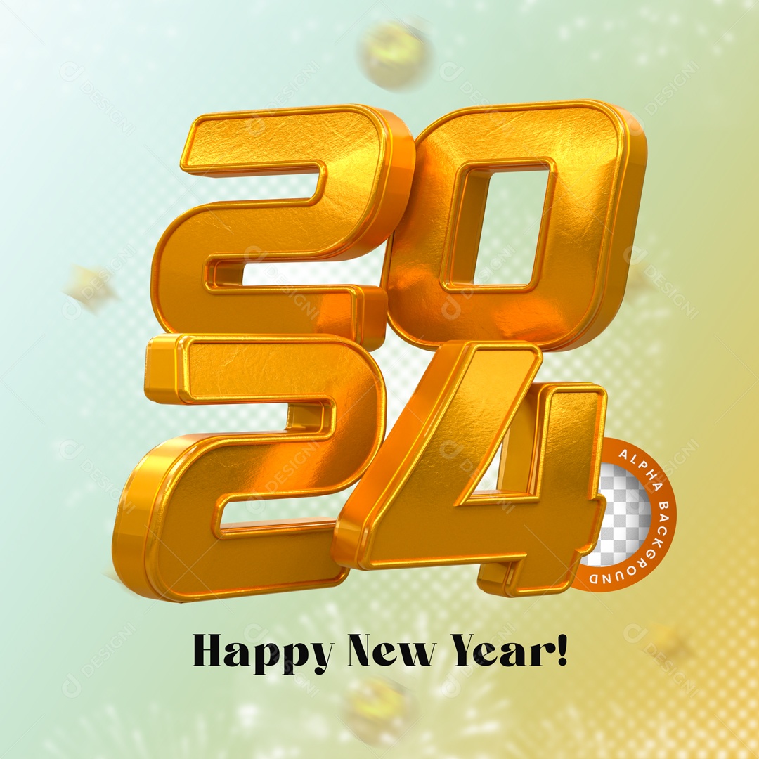 Número 3D Feliz Ano Novo 2024 Dourado Para Composição PSD
