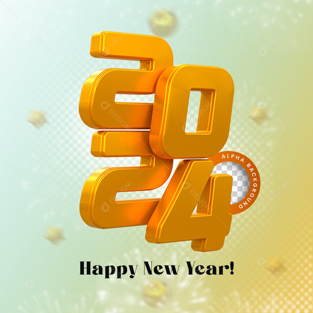 Número 3D Feliz Ano Novo 2024 Dourado Para Composição PSD