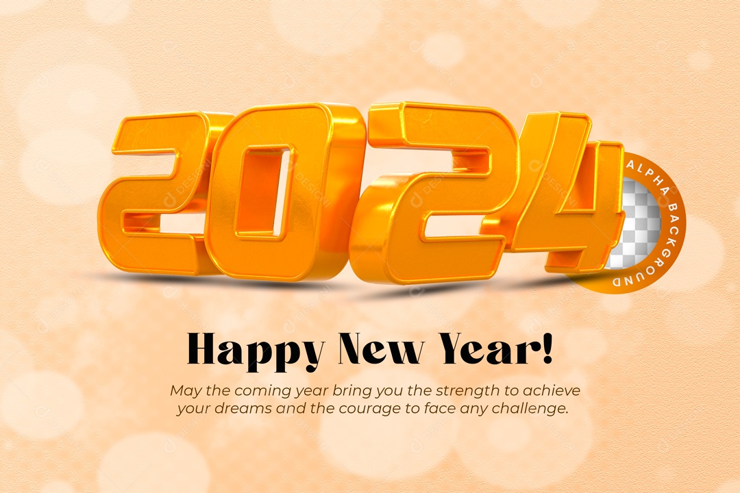 Número 3D Feliz Ano Novo 2024 Dourado Para Composição PSD