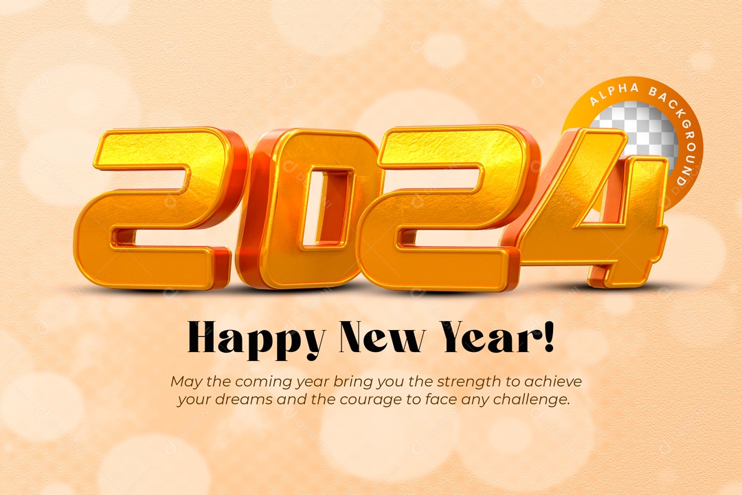 Número 3D Feliz Ano Novo 2024 Dourado Para Composição PSD