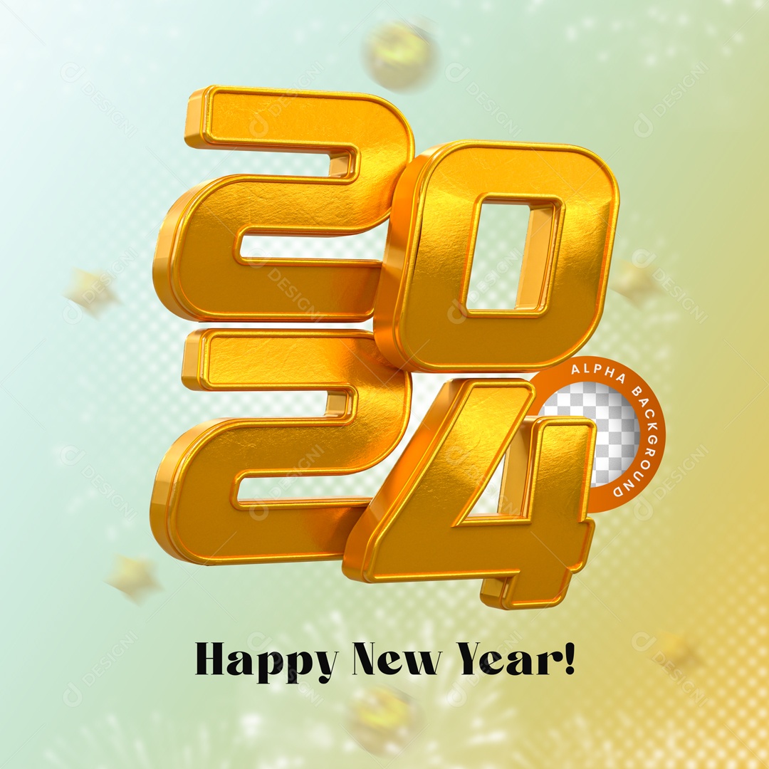 Número 3D Feliz Ano Novo 2024 Dourado Para Composição PSD