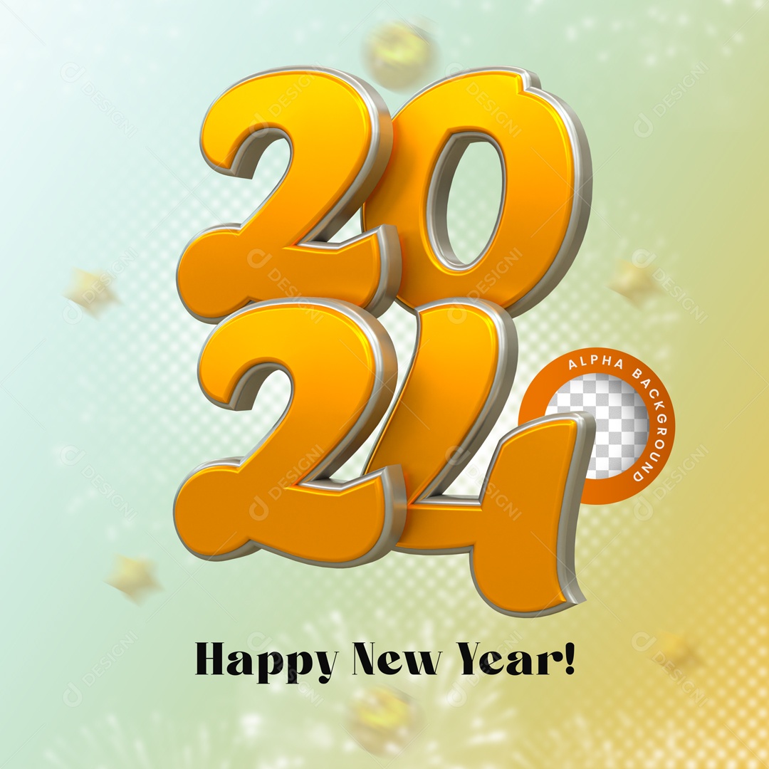 Número 3D Feliz Ano Novo 2024 Dourado Para Composição PSD