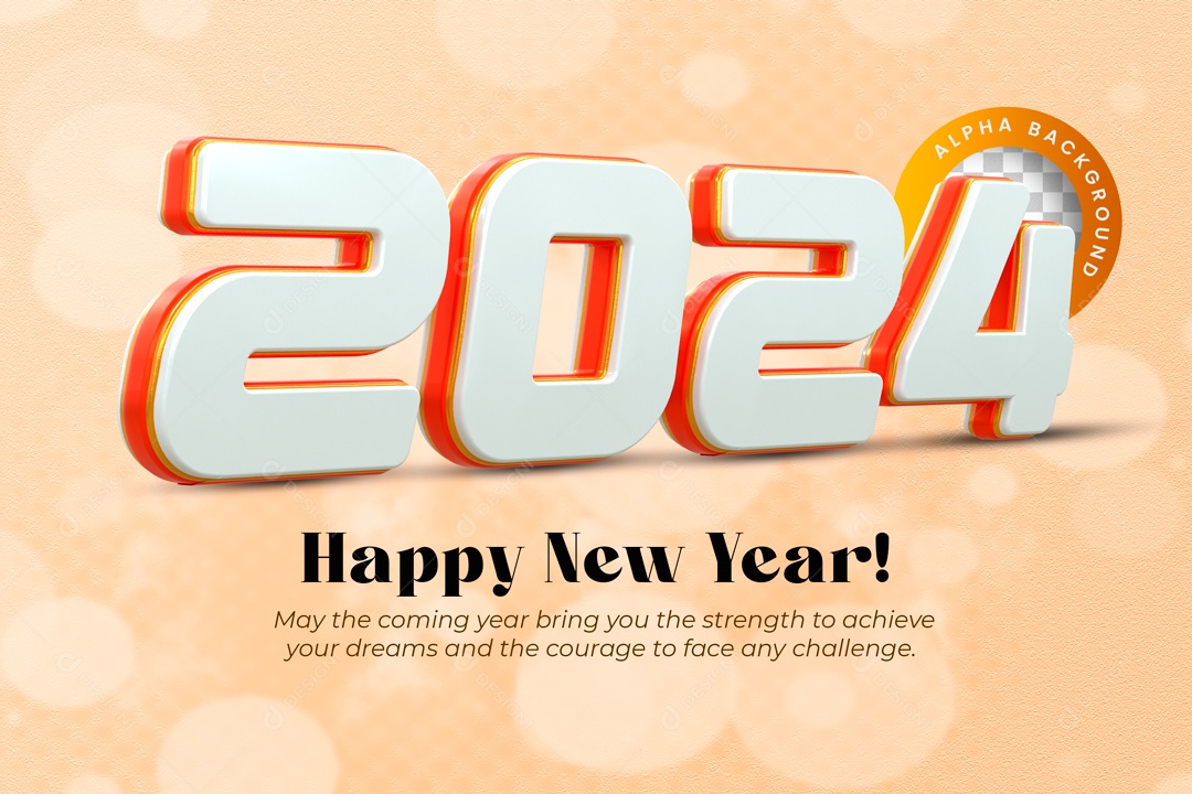 Número 3D Feliz Ano Novo 2024 Branco e Vermelho Para Composição PSD