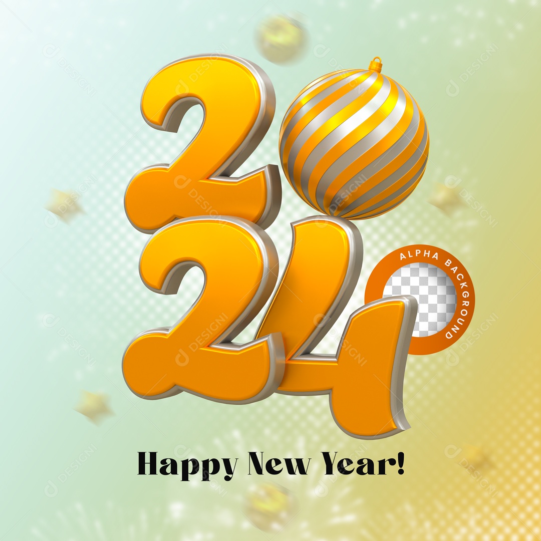 Número 3D Feliz Ano Novo 2024 Dourado Para Composição PSD