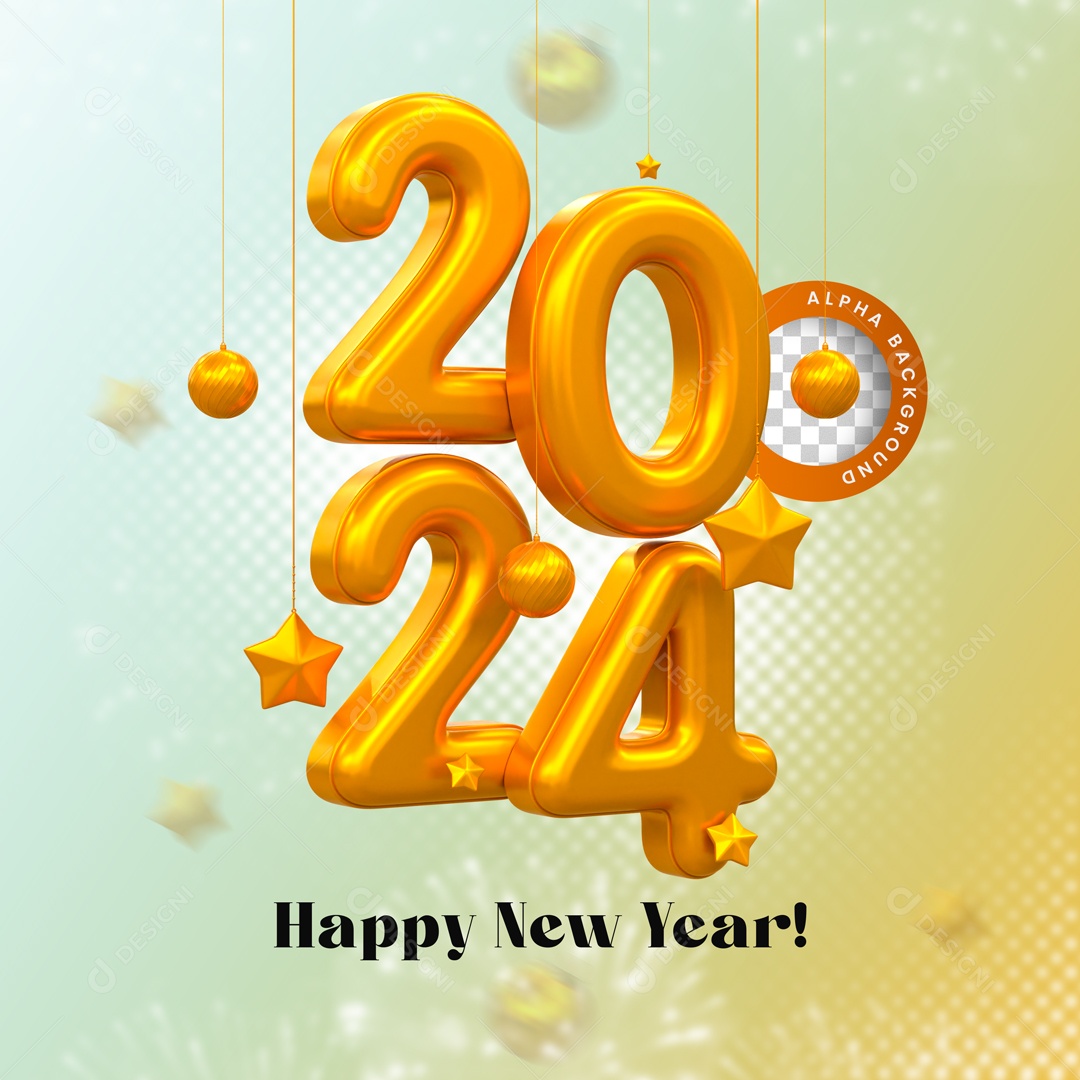 Número 3D Feliz Ano Novo Balão 2024 Dourado Para Composição PSD