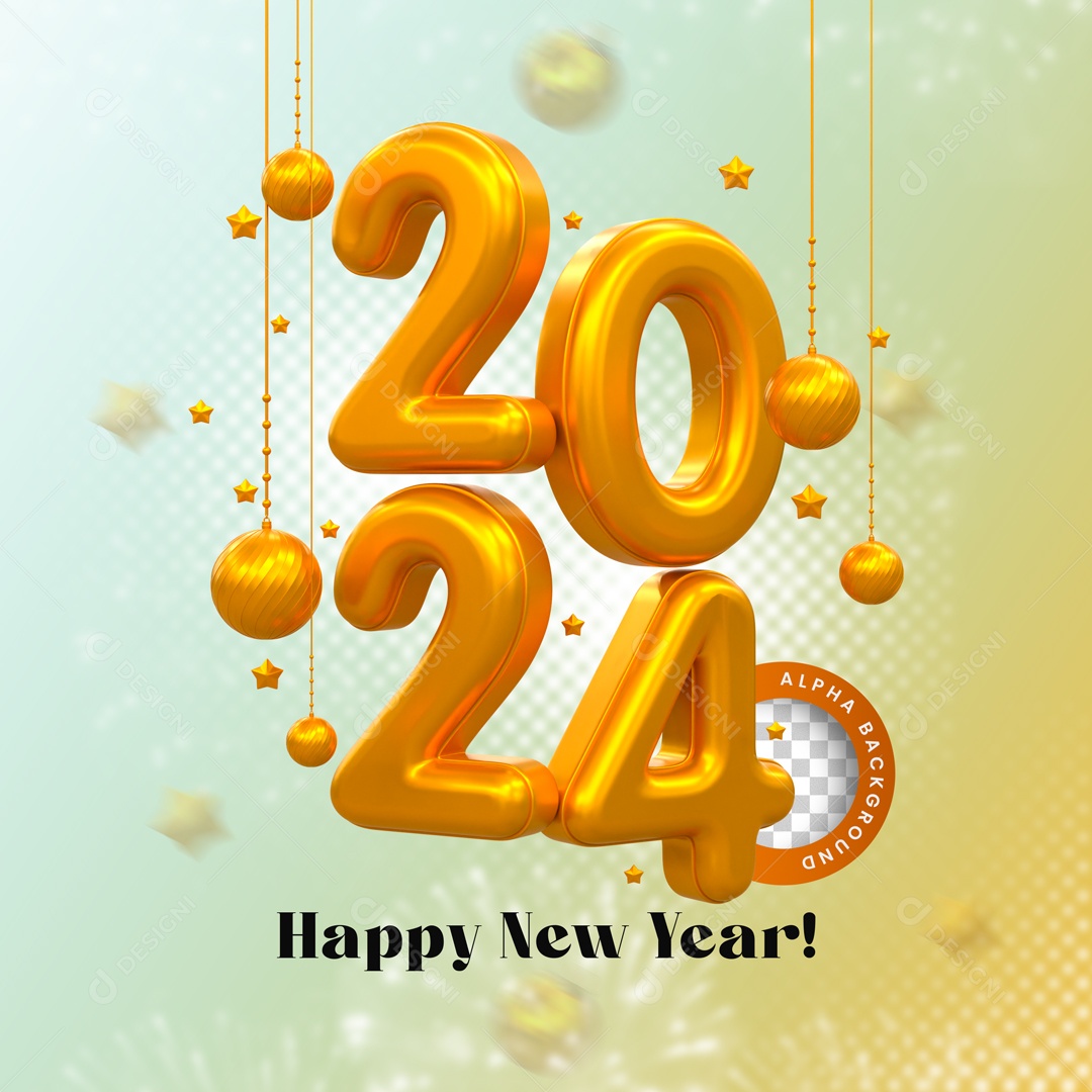 Número 3D Feliz Ano Novo 2024 Dourado Para Composição PSD