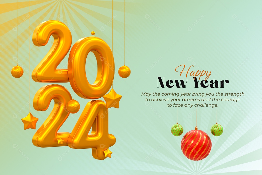 Número 3D Feliz Ano Novo 2024 Dourado Para Composição PSD