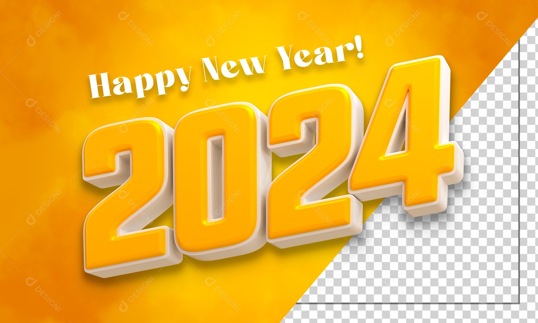 Número 3D Feliz Ano Novo 2024 Branco e Dourado Para Composição PSD