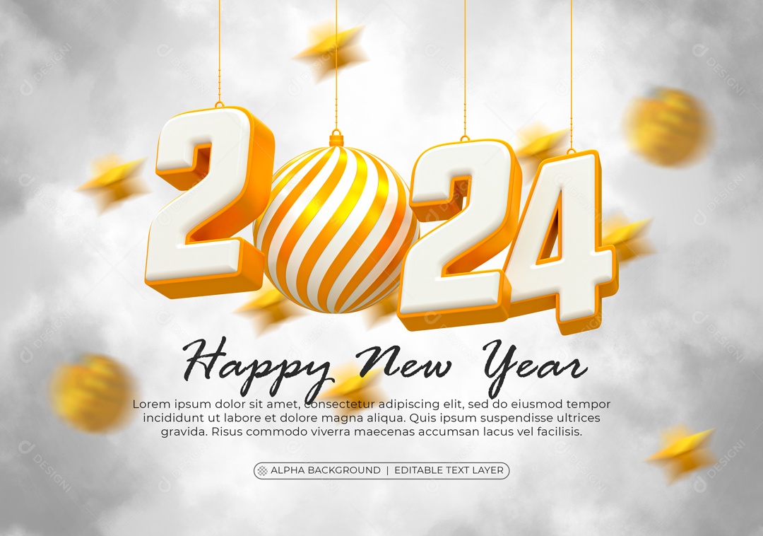 Número 3D Feliz Ano Novo 2024 Branco e Dourado Para Composição PSD