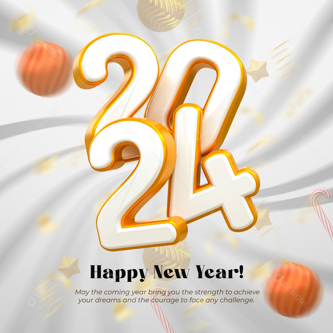 Número 3D Feliz Ano Novo 2024 Branco e Dourado Para Composição PSD