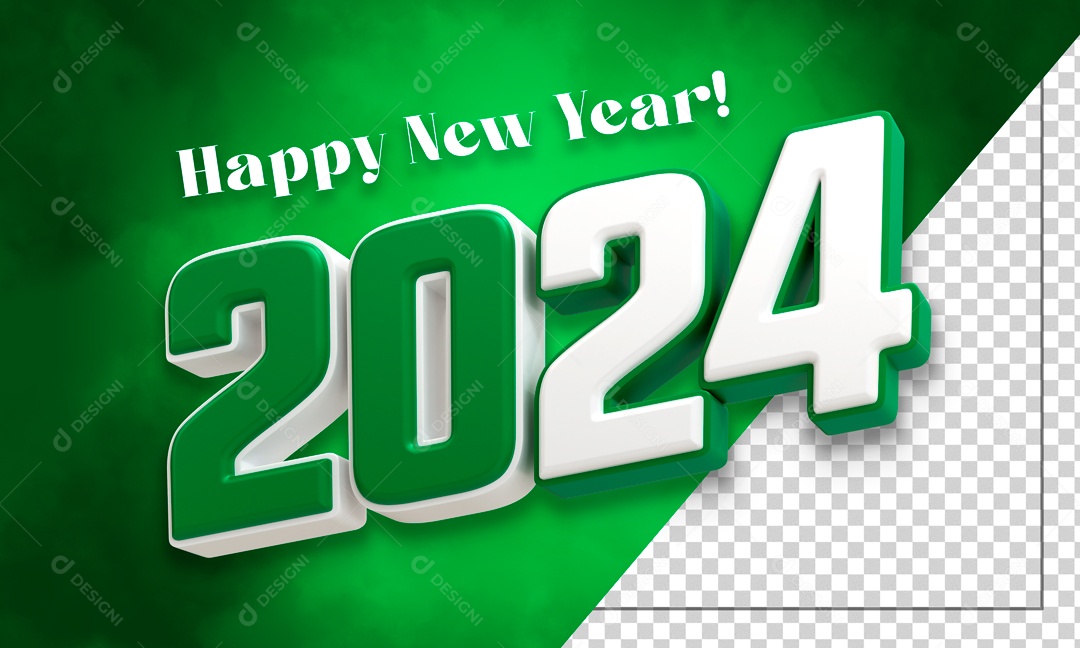 Número 3D Feliz Ano Novo 2024 Branco e Verde Para Composição PSD