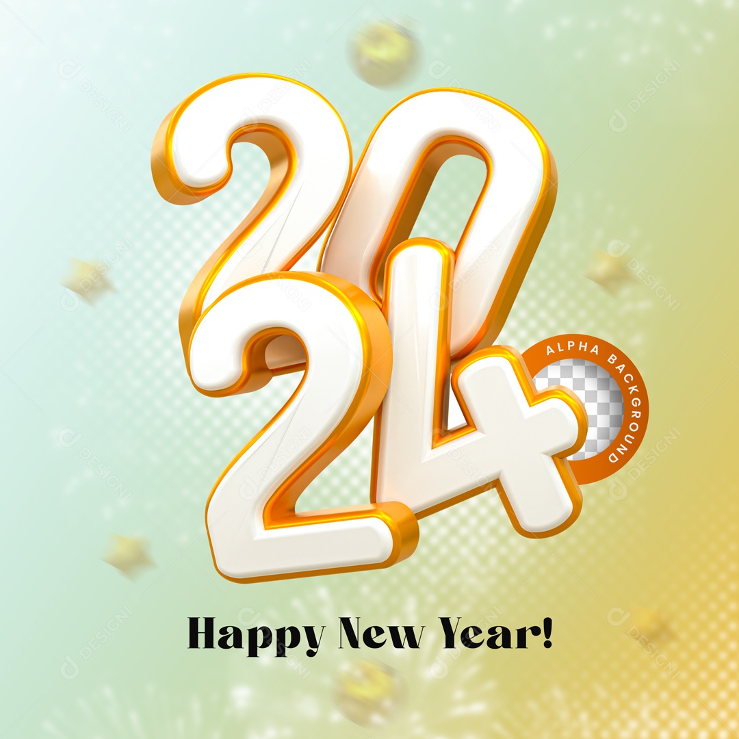 Número 3D Feliz Ano Novo 2024 Branco e Dourado Para Composição PSD