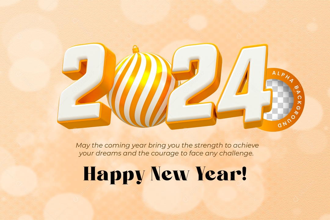 Número 3D Feliz Ano Novo 2024 Branco e Dourado Para Composição PSD