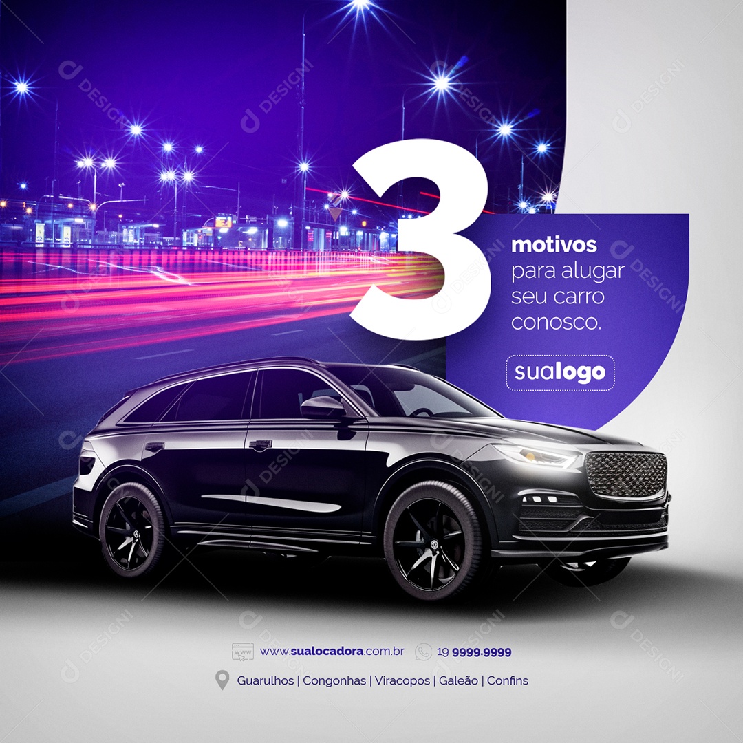 Locadora de Carros 3 Motivos para Alugar seu Carro Conosco Social Media PSD Editável