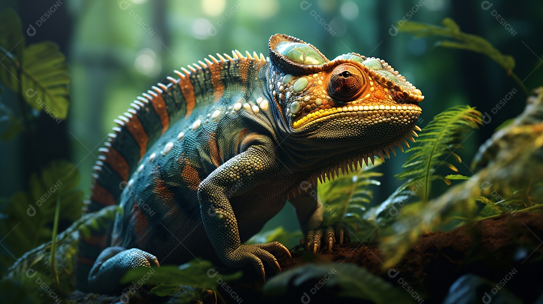 Lindo camaleão na floresta