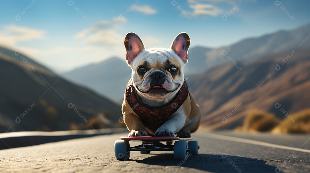 Cachorro bulldog andando de skate