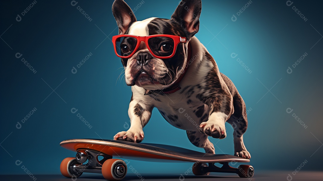 Cachorro bulldog andando de skate