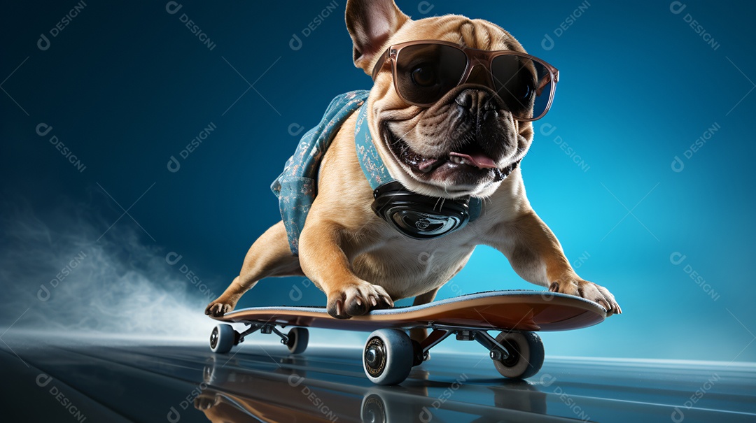 Cachorro bulldog andando de skate