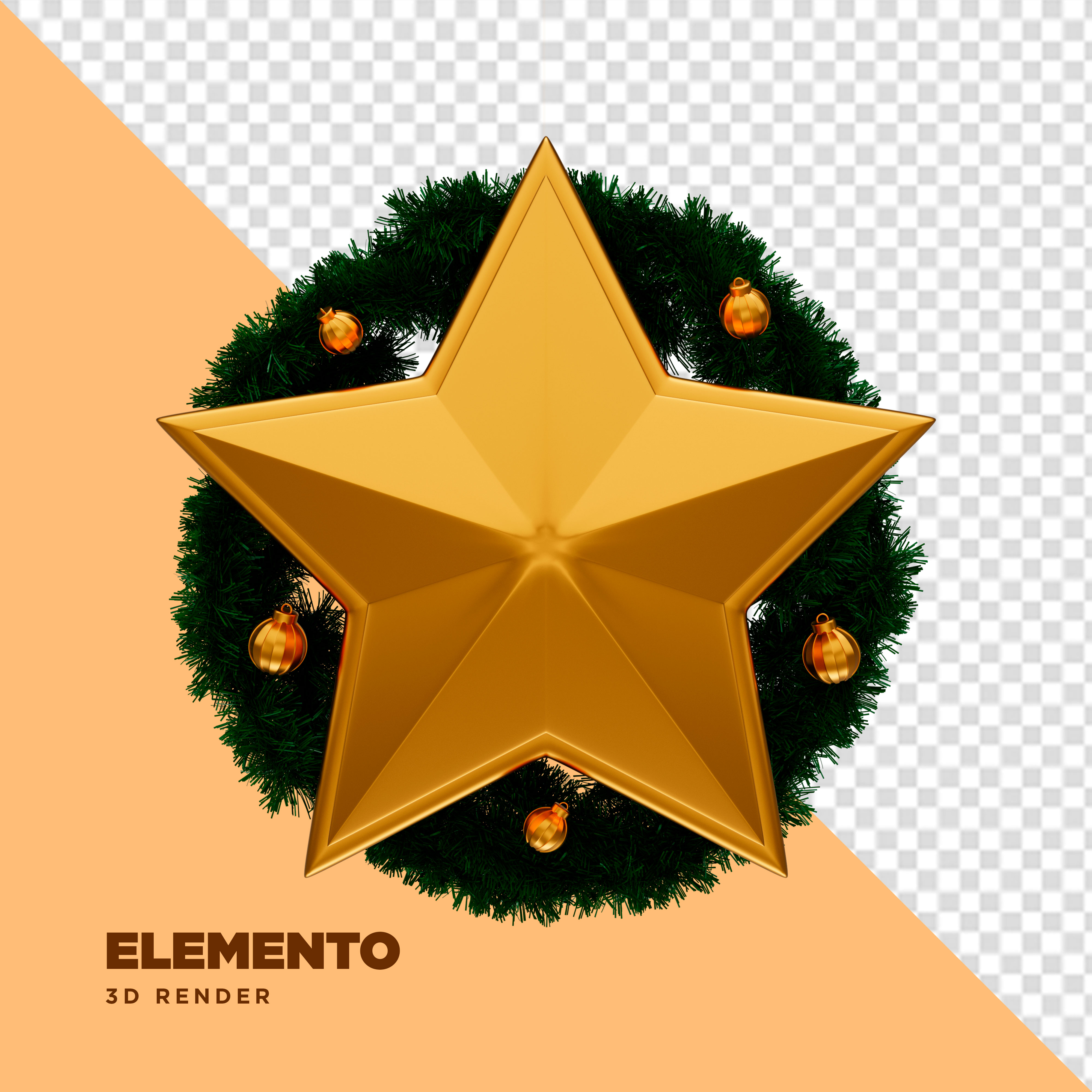 Guirlanda e Estrela Verde Dourado Elemento 3D de Ano Novo para Composição PSD