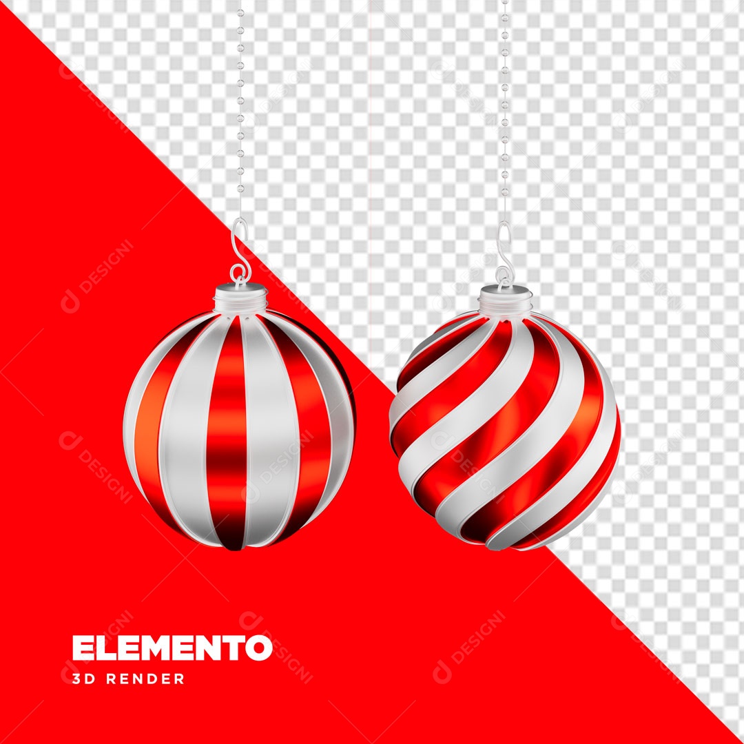 Bola Enfeite de Natal Elemento 3D Vermelho Branco para Composição PSD