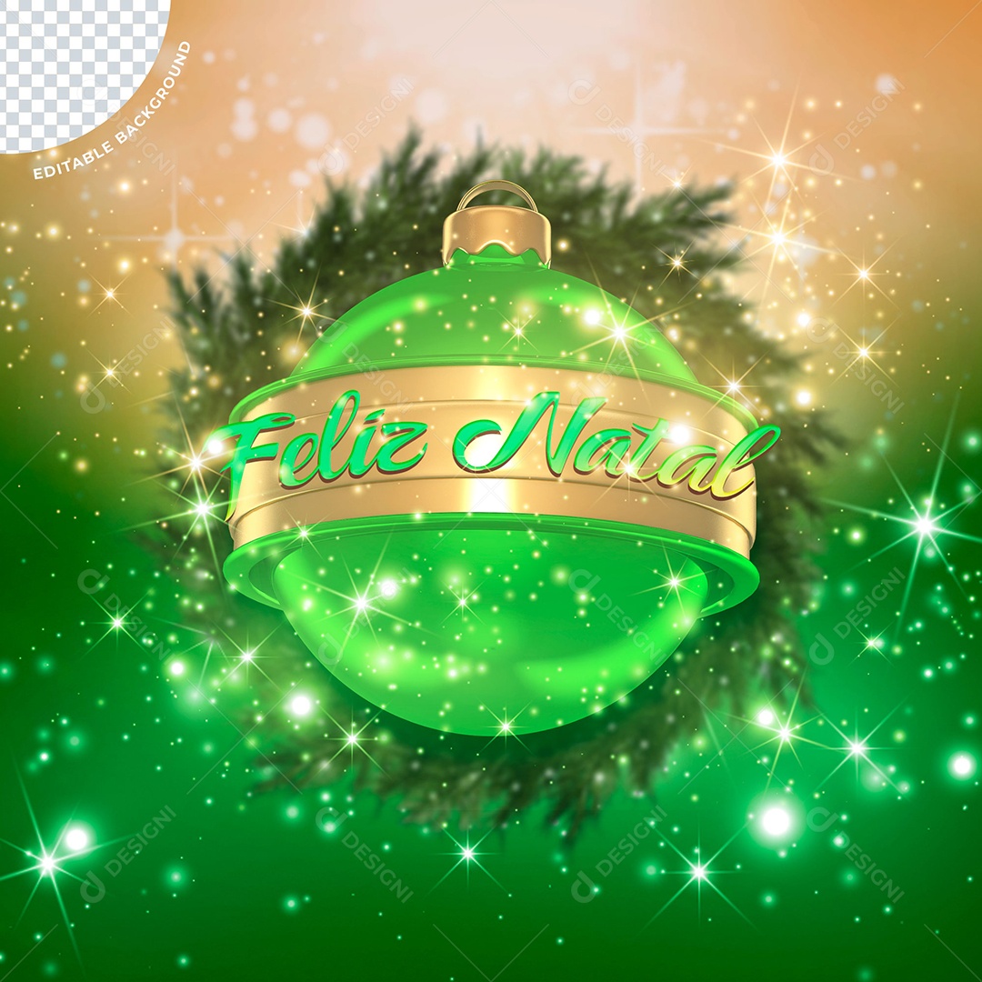 Bola de Enfeite de Natal com Texto Feliz Natal Elemento 3D Verde para Composição PSD
