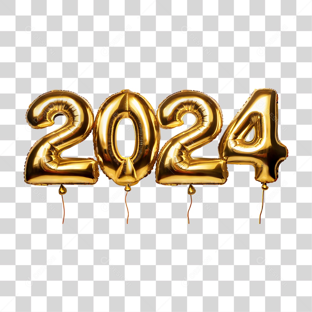 Feliz Ano Novo Balões Dourados 2024 PNG Transparente