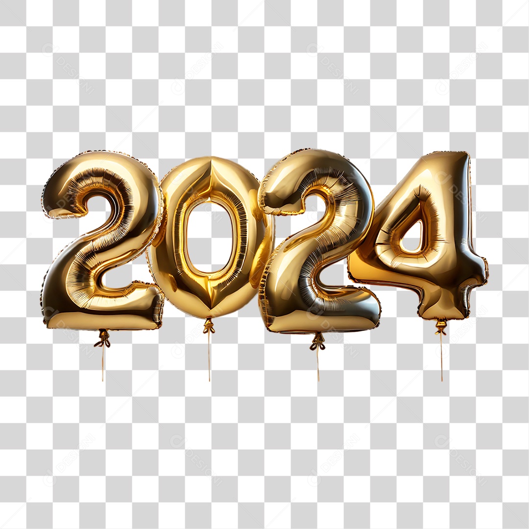 Feliz Ano Novo Balões Dourados 2024 PNG Transparente