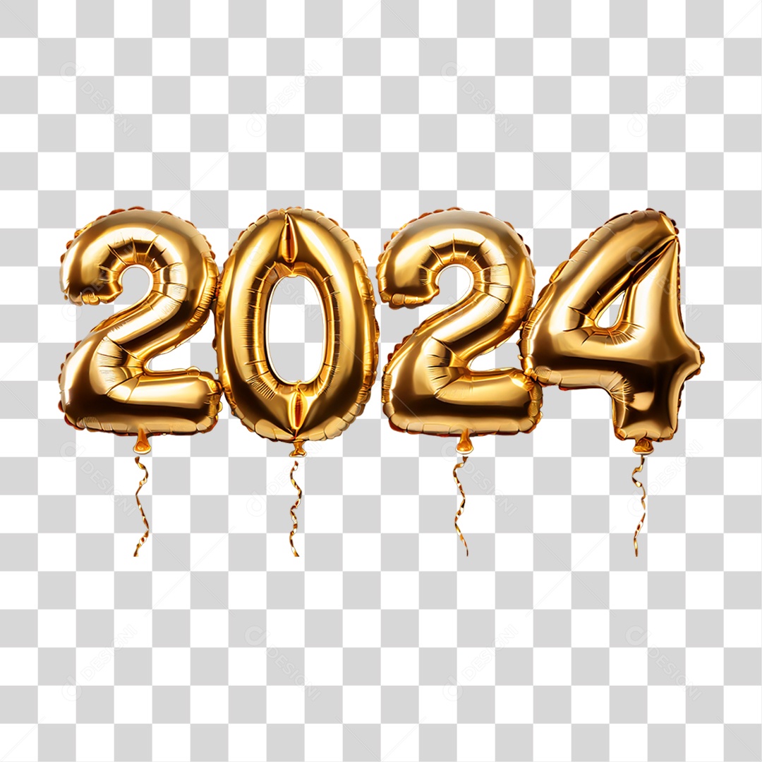 Feliz Ano Novo Balões Dourados 2024 PNG Transparente