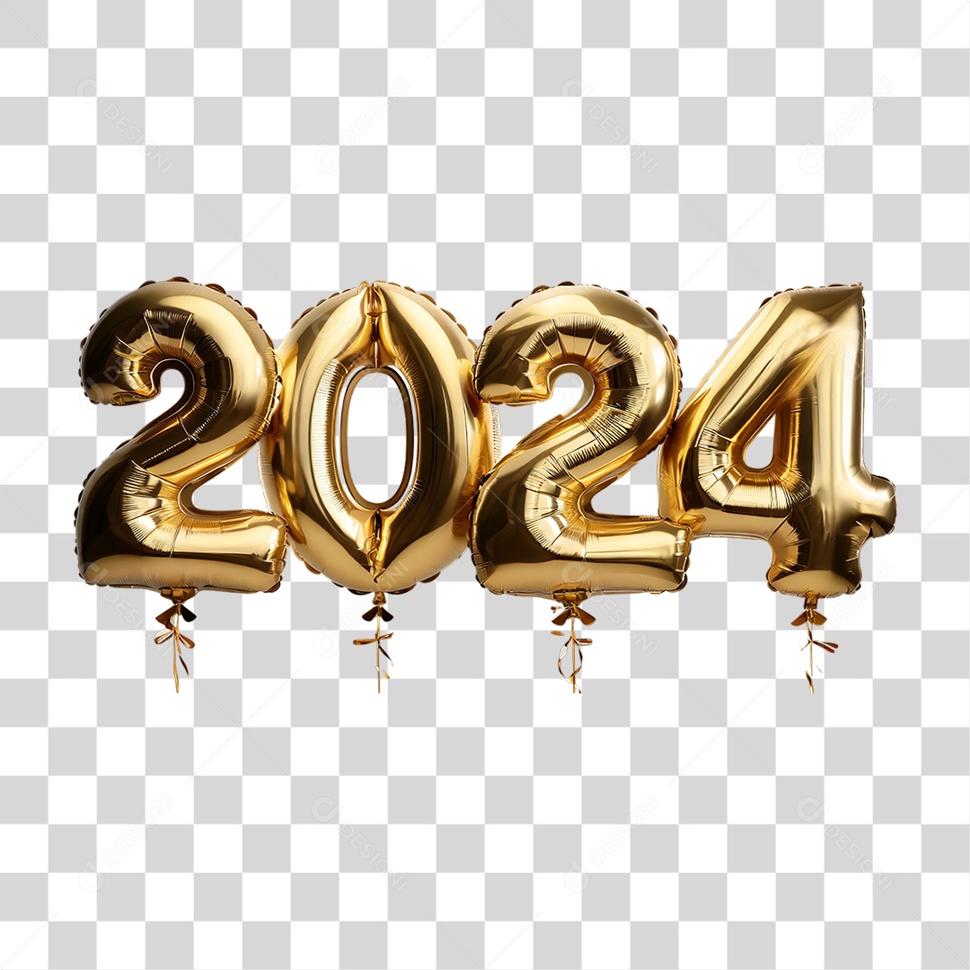 Feliz Ano Novo Balões Dourados 2024 PNG Transparente