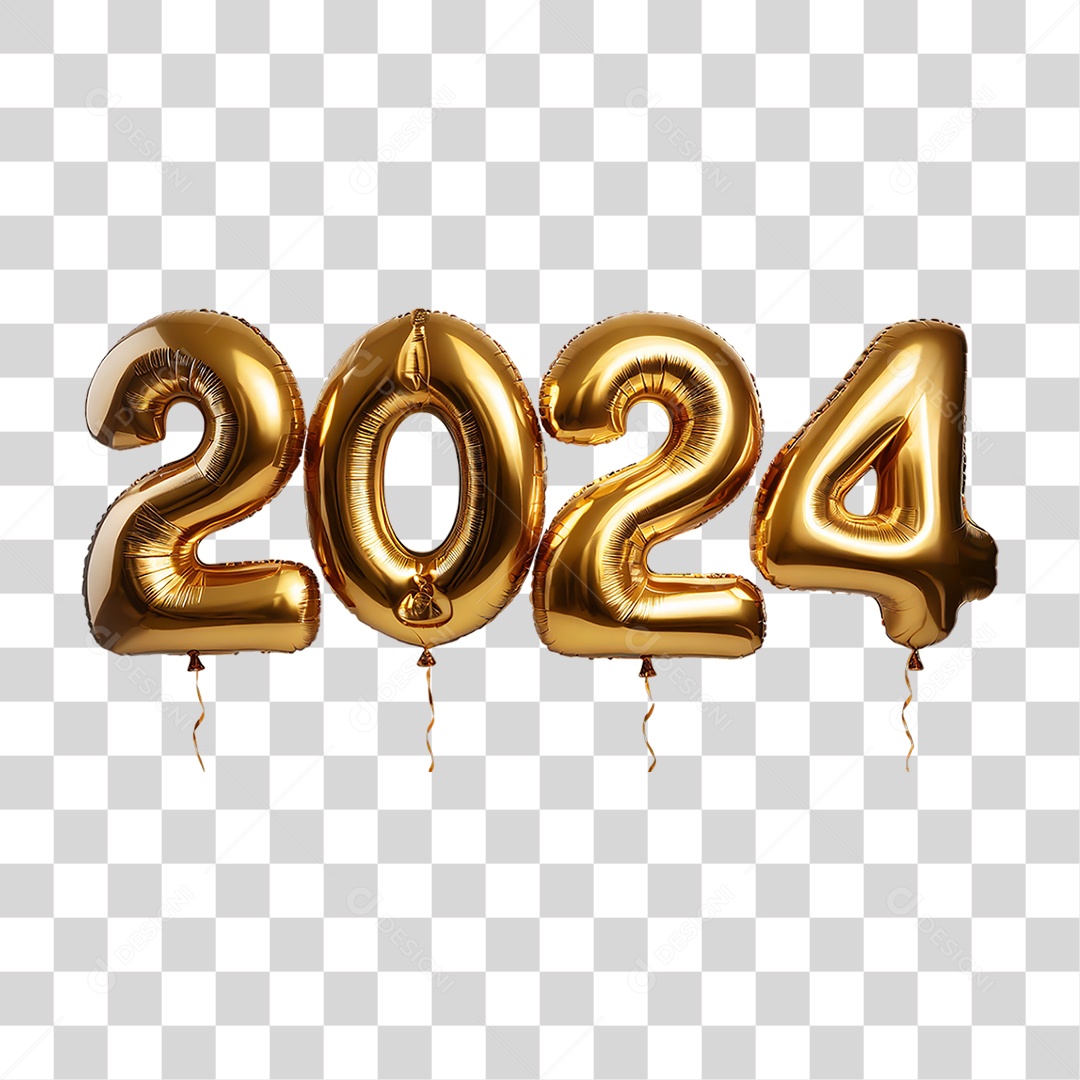 Feliz Ano Novo Balões Dourados 2024 PNG Transparente