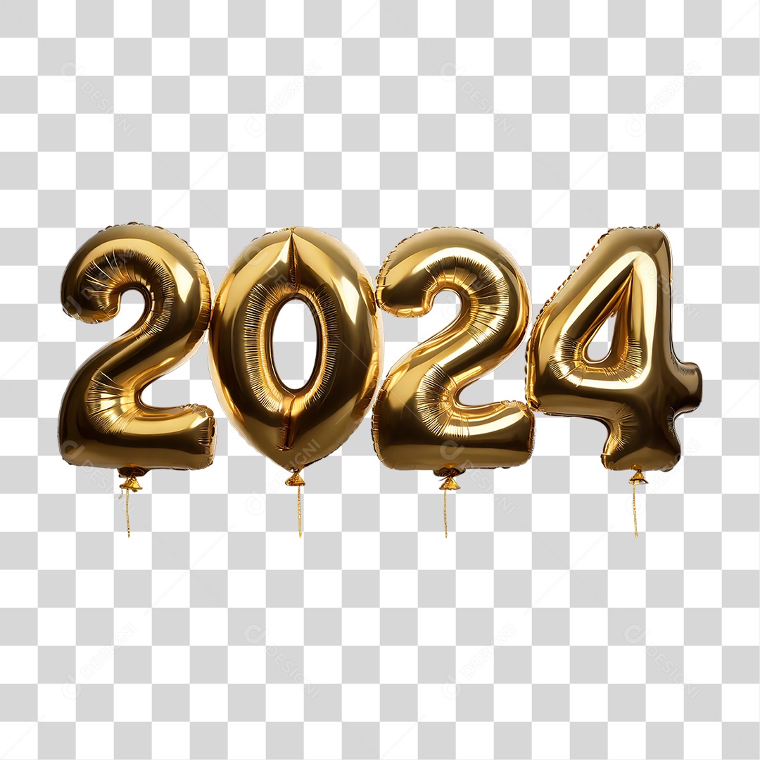 Feliz Ano Novo Balões Dourados 2024 PNG Transparente