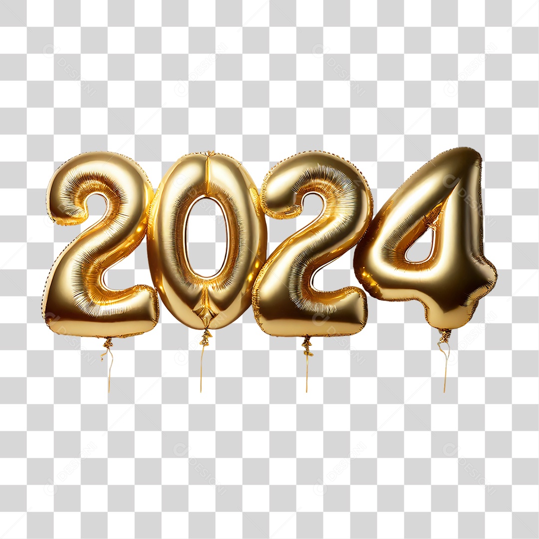 Feliz Ano Novo Balões Dourados 2024 PNG Transparente