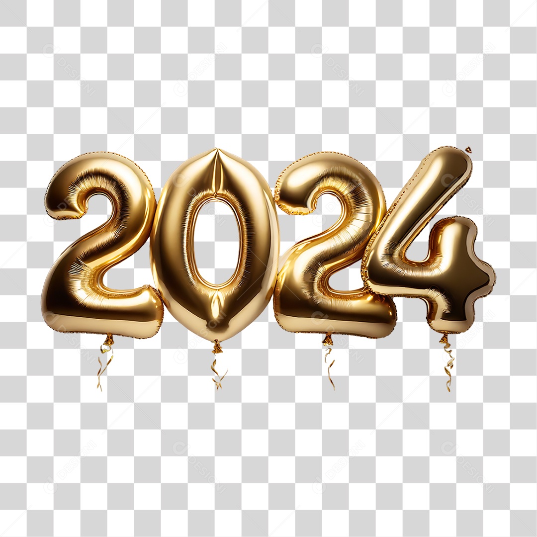 Feliz Ano Novo Balões Dourados 2024 PNG Transparente