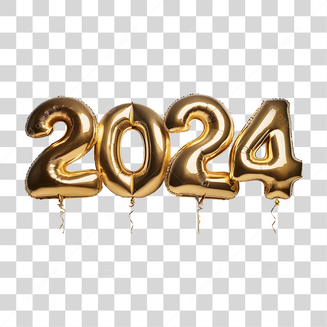 Feliz Ano Novo Balões Dourados 2024 PNG Transparente