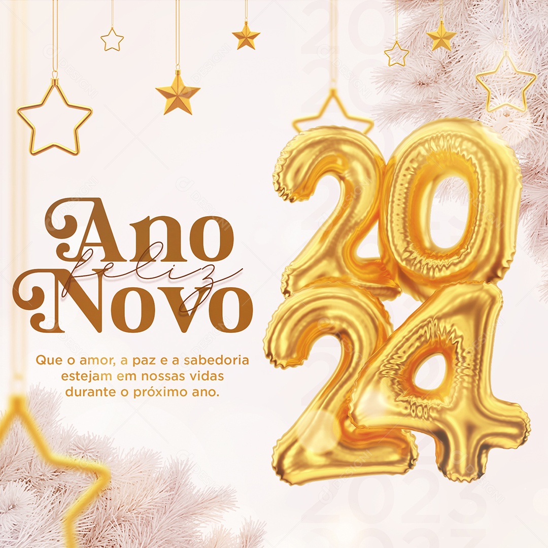 Feliz Ano Novo 2024 Que o Amor a Paz e a Sabedoria Estejam em nossas Vidas Social Media PSD Editável