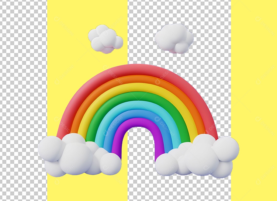 Elemento 3D Arco Íris Colorido e Nuvens para Composição PSD