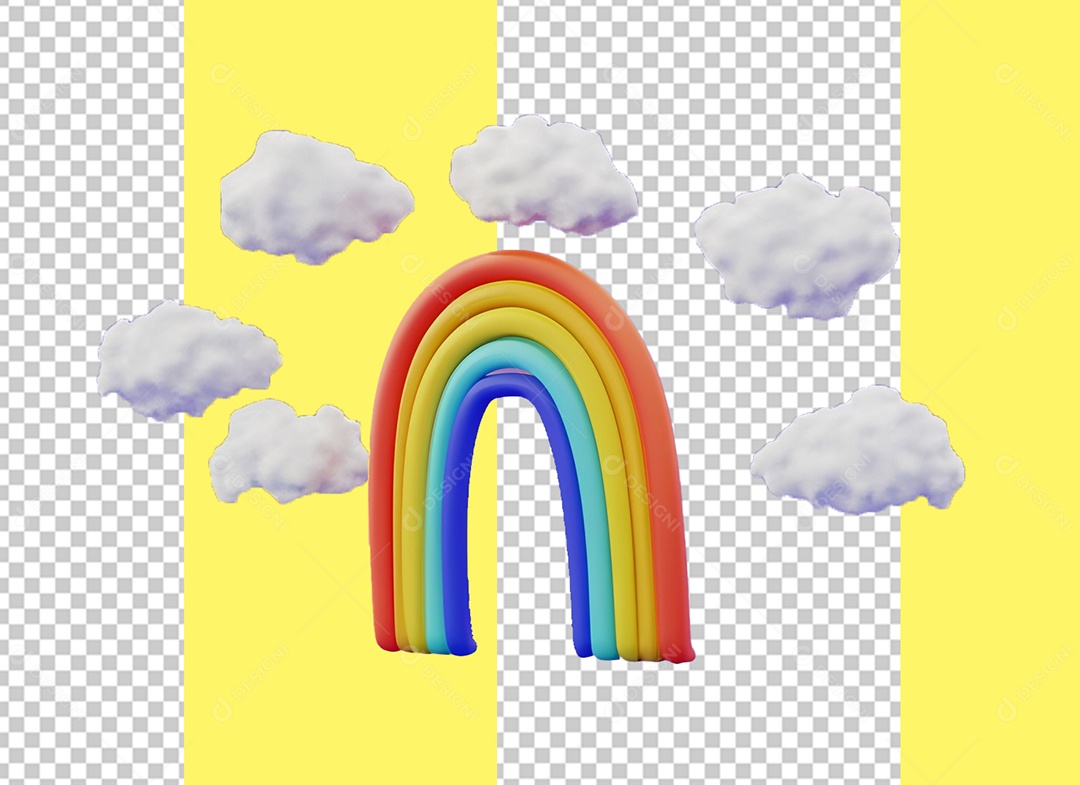 Arco Íris Colorido e Nuvens Elemento 3D para Composição PSD