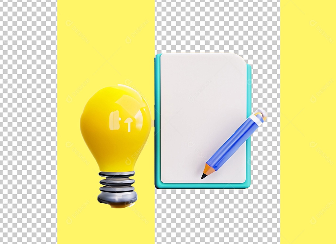 Bloco de Nota Caderno de Anotação Lápis e Lâmpada Elemento 3D Azul para Composição PSD