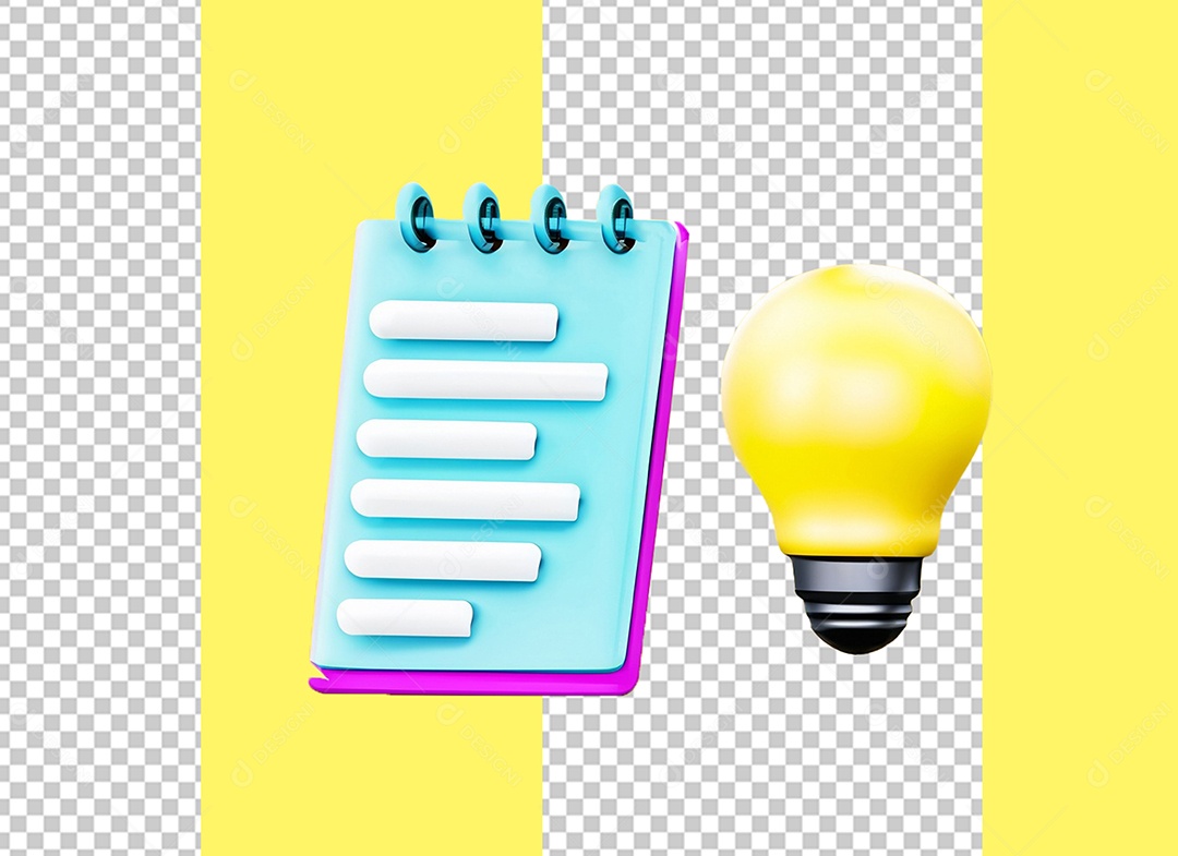 Bloco de Nota Caderno de Anotação e Lâmpada Elemento 3D Azul para Composição PSD