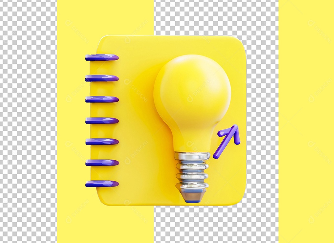 Bloco de Nota com Lâmpada Elemento 3D Amarelo para Composição PSD