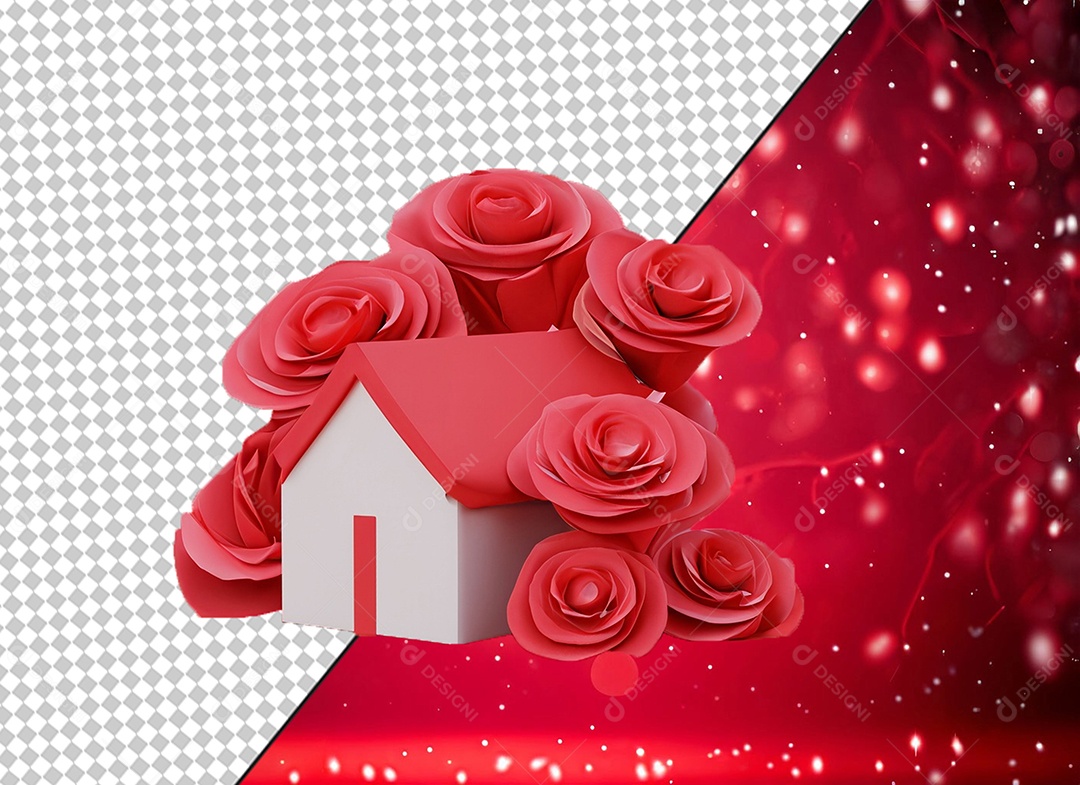 Imobiliária Casa Vermelha e Branca com Rosas Vermelha Elemento 3D para Composição PSD