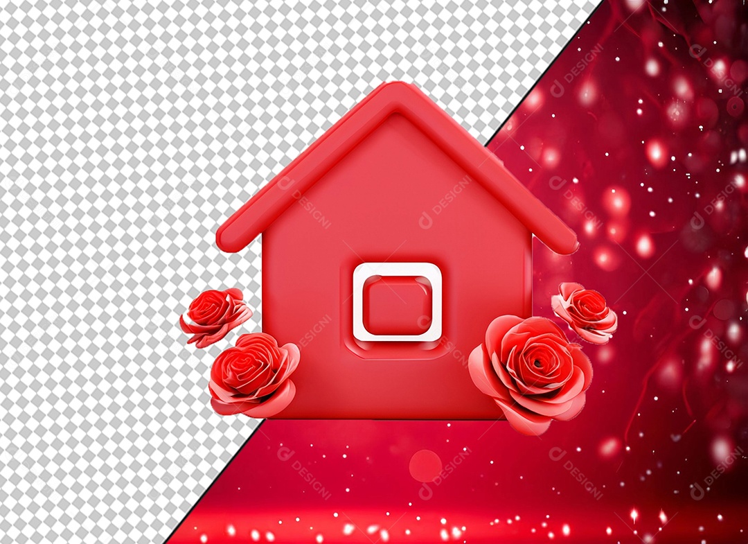 Imobiliária Casa Vermelha com Rosas Vermelha Elemento 3D para Composição PSD