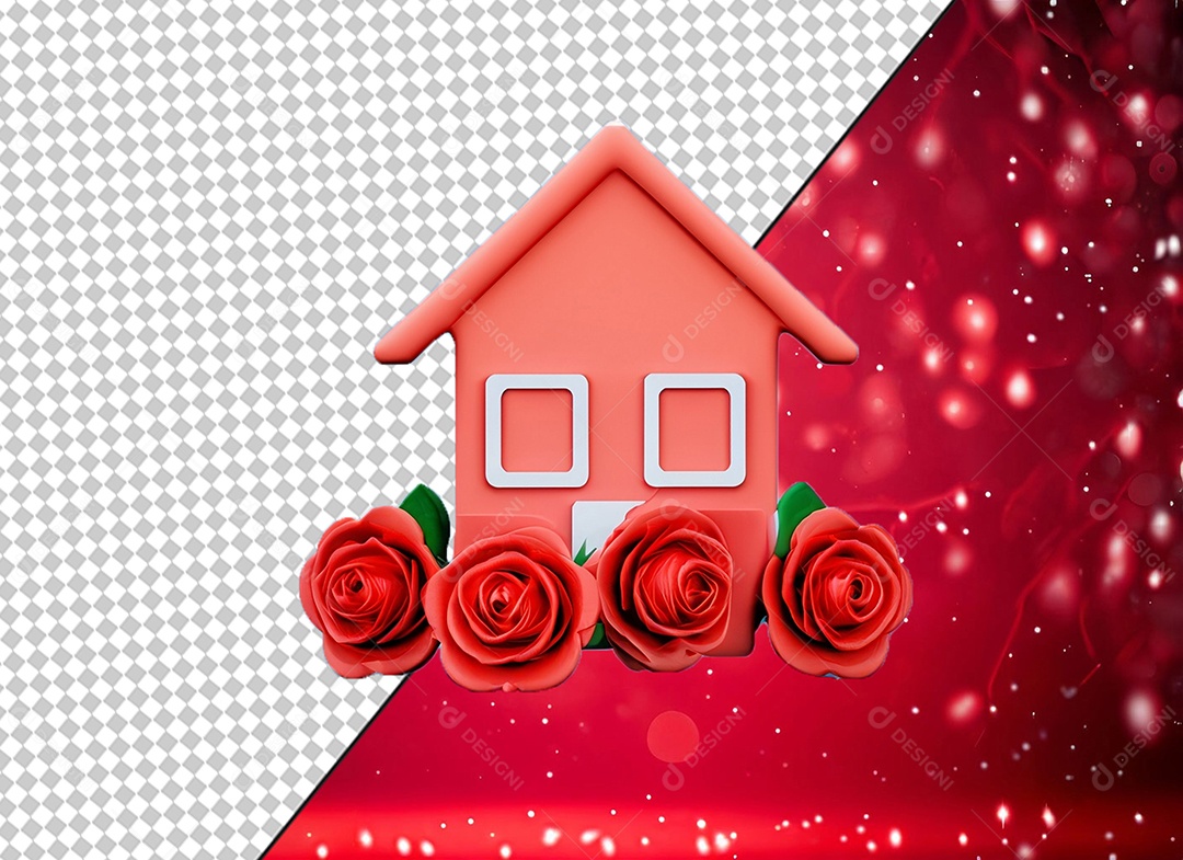 Imobiliária Casa Vermelha com Rosas Vermelhas Elemento 3D para Composição PSD