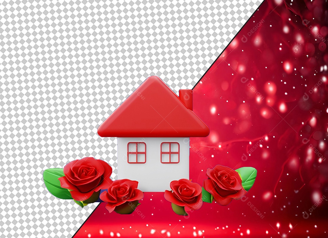Imobiliária Casa Vermelha e Branco com Rosas Vermelhas Elemento 3D para Composição PSD
