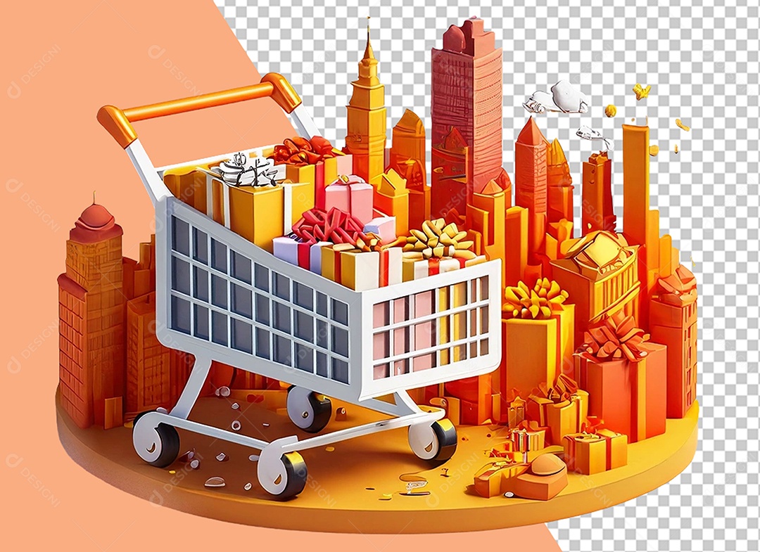 Elemento 3D Carrinho de Compras com Presentes para Composição PSD