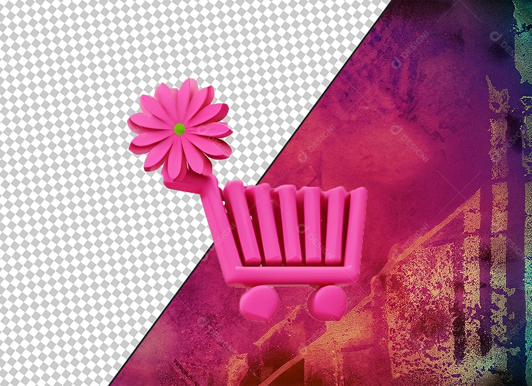 Carrinho de Compras Rosa Elemento 3D com Flor para Composição PSD