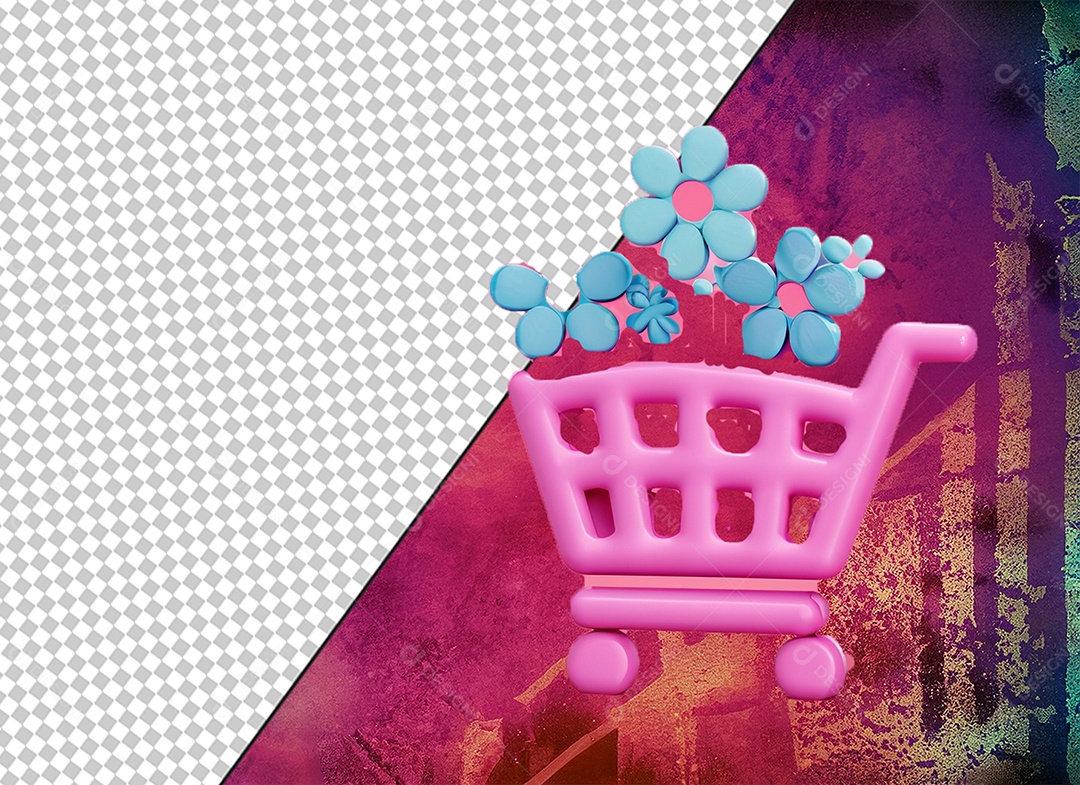Carrinho de Compras Rosa Elemento 3D com Flores Azuis para Composição PSD