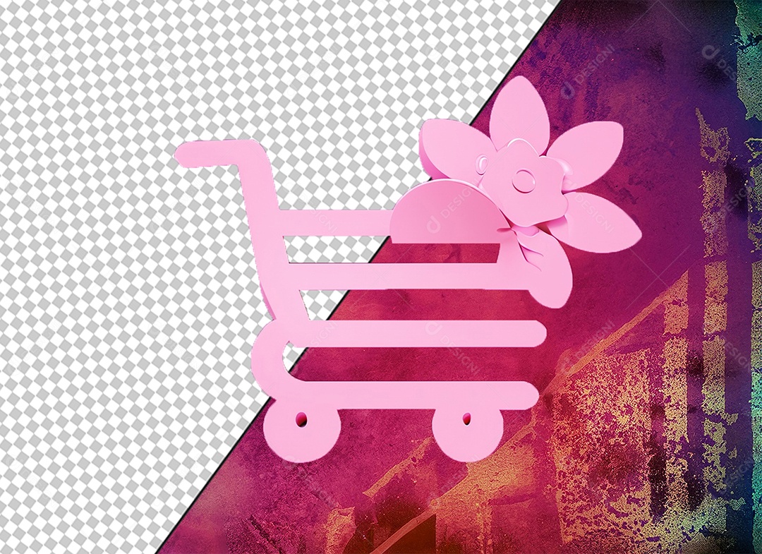 Carrinho de Compras Rosa Elemento 3D com Flor para Composição PSD